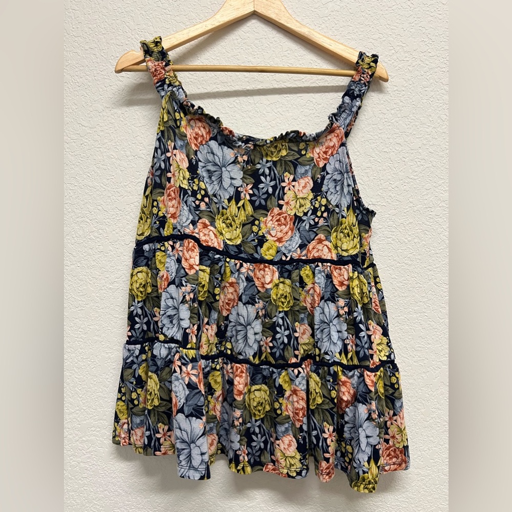 *Torrid Super Soft Knit Tank Top Floral Succulents Navy Babydoll Tier Size 1 1X